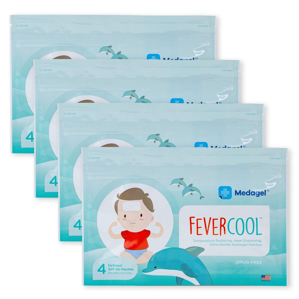 FeverCool Záplaty - Chladicí Záplaty pro horečku, Migréna a bolest hlavy Relief 124; Vyrobeno v USA 124; Cool Teplota 124; Mess & Odor Free Office 124; Dospělí & Kids 2 + 2 124; 4 Packy (16 x Záplaty)