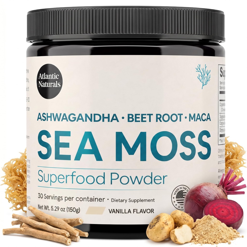 Atlantic Naturals Moss Superfood Powder with Ashwagandha, Beet Root, and Maca Root - Sea Moss Powder podporuje zdravou pleť, atletický výkon, a pozitivní nálada - Vanilla Flavor (150g)