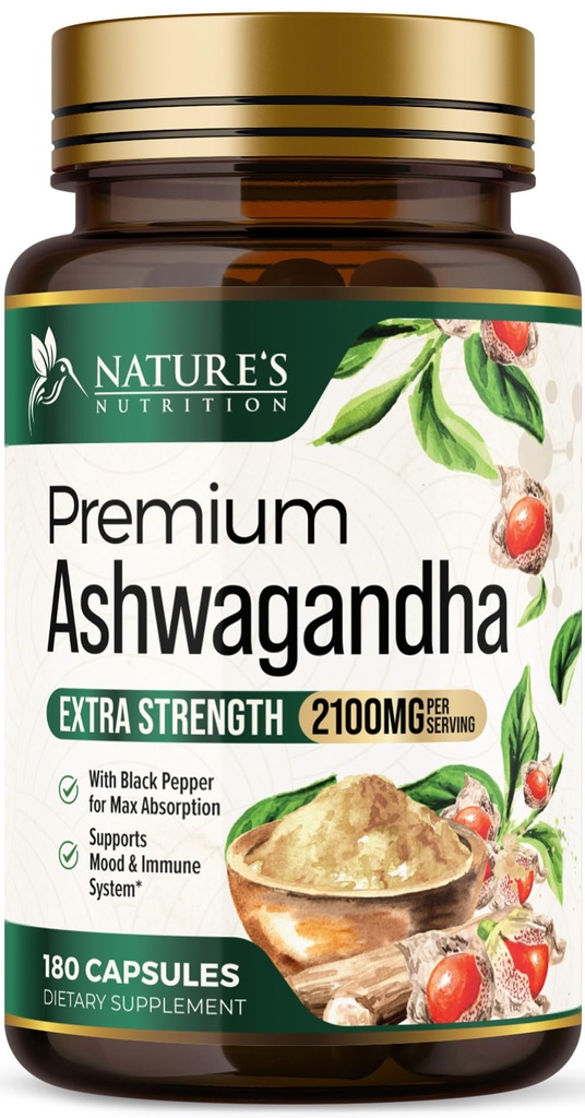 Ashwagandha doplňky - 2100mg Ashwagandha kapsle pro ženy a muže, přírodní antioxidační podpora, Ashwa Root Extract, Extra síla Klid Podpora s Black Pepper, Vegan & gluten zdarma - 180 Kapsle