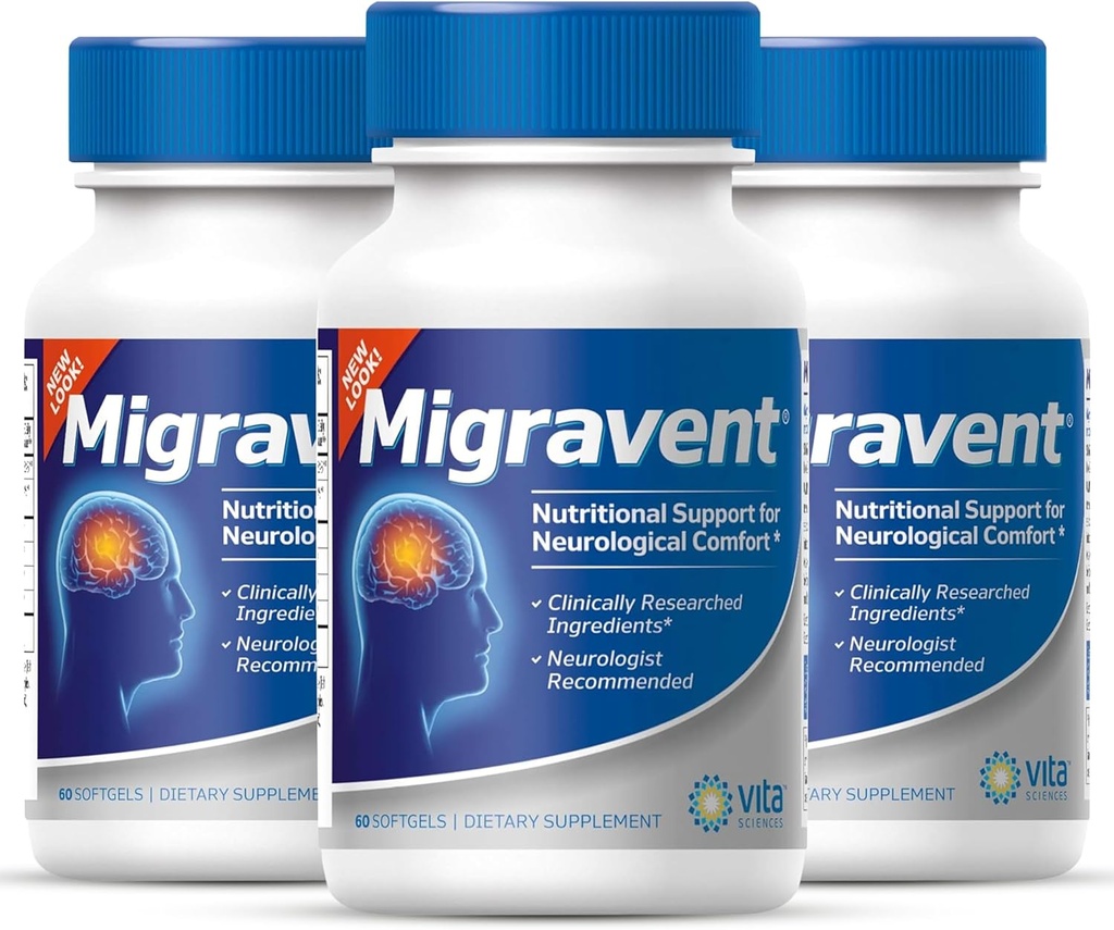 Vita Sciences Migravent - Advanced Nutritional Formule with Magnesium, CoQ10, Vitamin B2 a PA- Free Bur pro neurologickou a cévní podporu - 60 Kapsle (balení po 3)