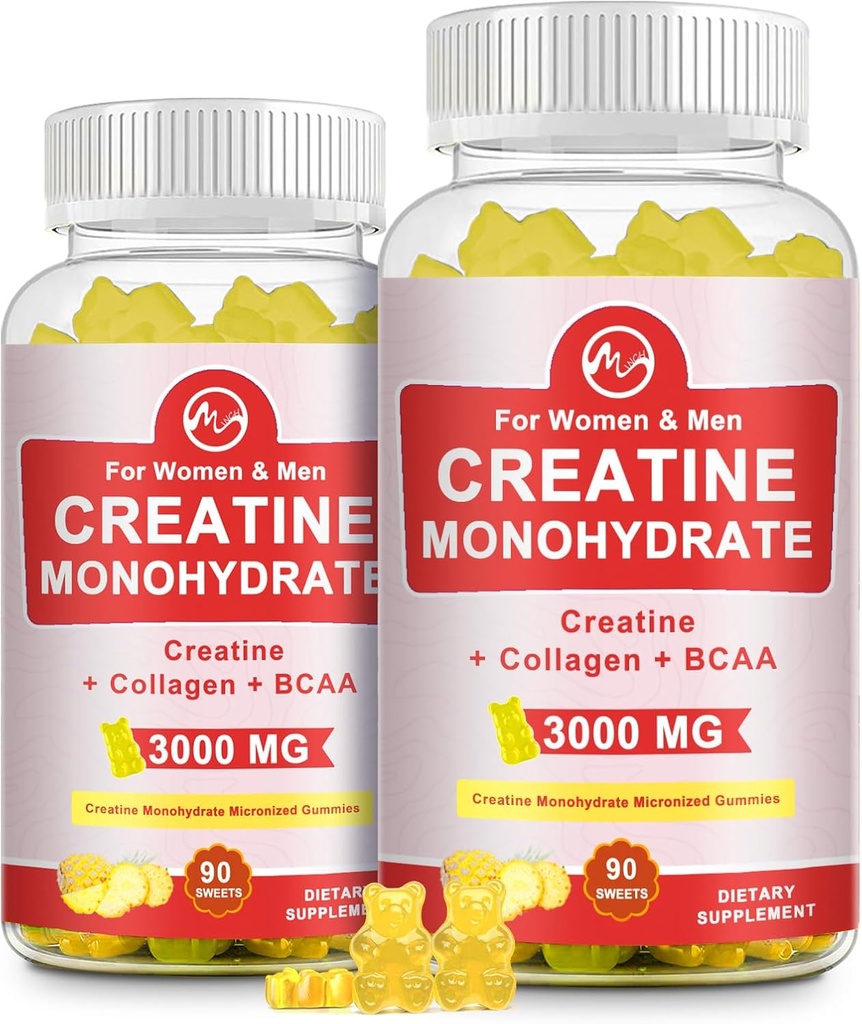 Creatine Gummy, 3g Creatin Monohydrát na jedno podání, Cukr Free Creatin Monohydrát Gummy pro růst svalů a sílu s 0, 5g kolagenu, 0, 2g BCAA, 60 Služební, Ananas Flavor, 2 balení