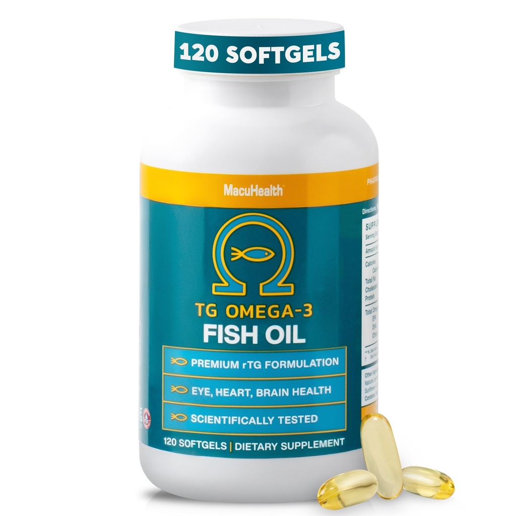 Macuhealth Omega 3 Fish Oil - 1100mg DHA, 1100mg EPA, Eye & Brain Health Supplement, Triglyceridová formule, 120 Softgels