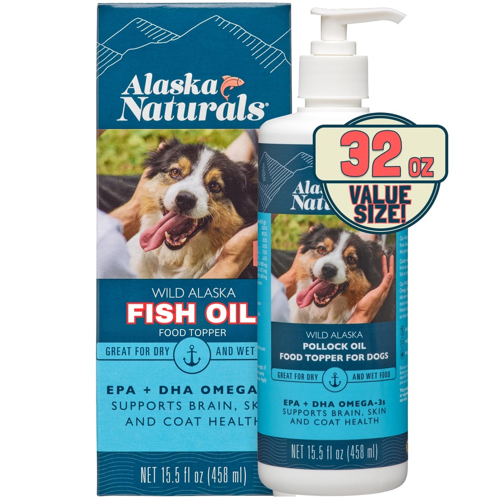 Aljaška Naturals Wild Alaskan Rybí olej dodatek pro psy kůže a kabát s EPA DHA Omega 3 mastné kyseliny udržitelné tekuté potraviny Topper 32 oz. Čerpadlo