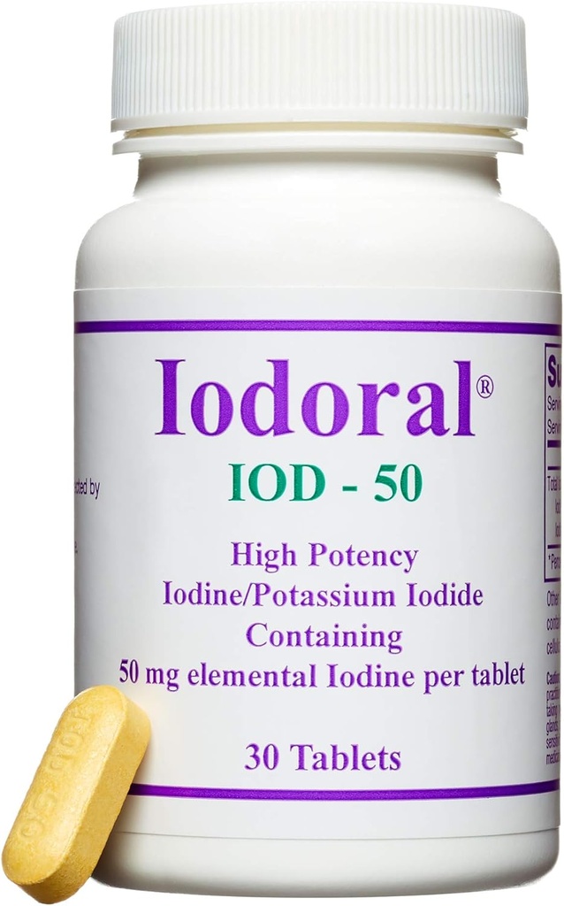 Optimox Iodoral 50 mg Supplementary - Iodidové tablety draselné, jód s vysokou potencí, doplňky pro podporu štítné žlázy, Lugolovo jódové řešení - 30 Počet