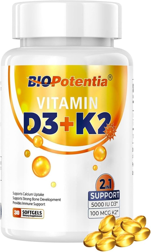 Vitamin D3 K2 s doplňkem MCT olej, Vitamin D3 5000 IU & K2 100MCG (MK7), podporuje imunitní, kosti a zuby zdraví - gluten zdarma Non- GMO - 30 Softgels