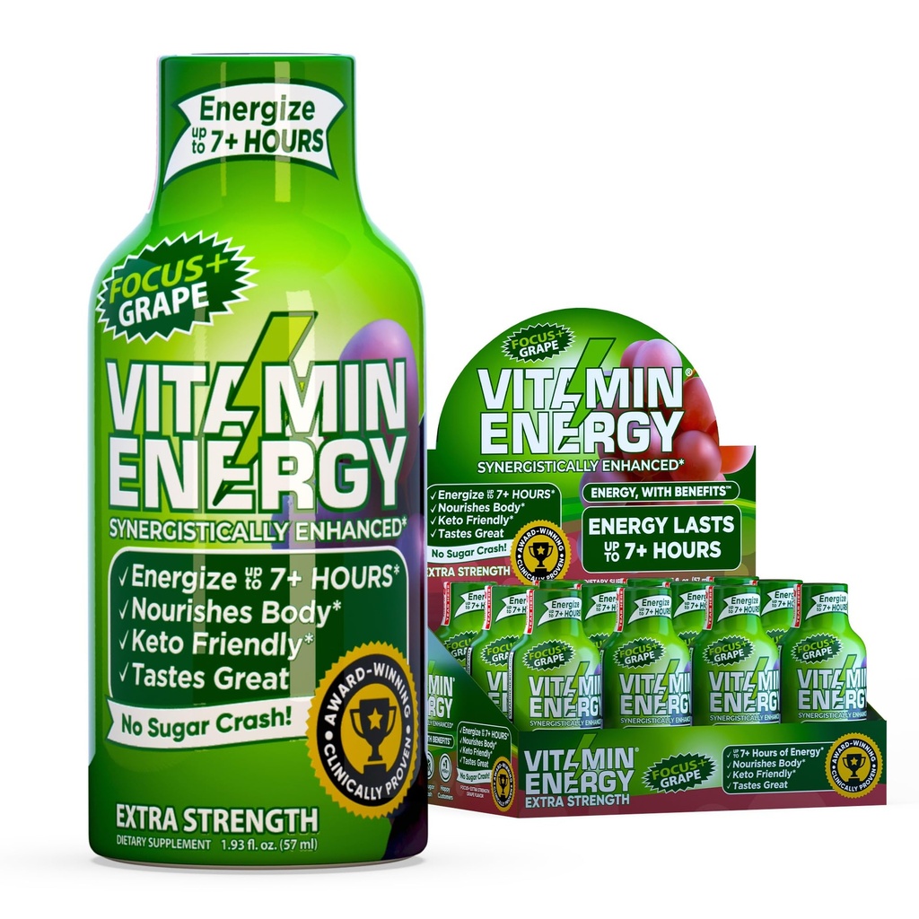Vitamin Energy Focus + Extra Síla Energy Shot Grape 12 Pack, 260mg přírodní kofein, B-vitaminy, CoQ10, aminokyseliny, Focus, Productivity & Clarity, Nulový cukr, gluten- Free, 1.93 fl oz