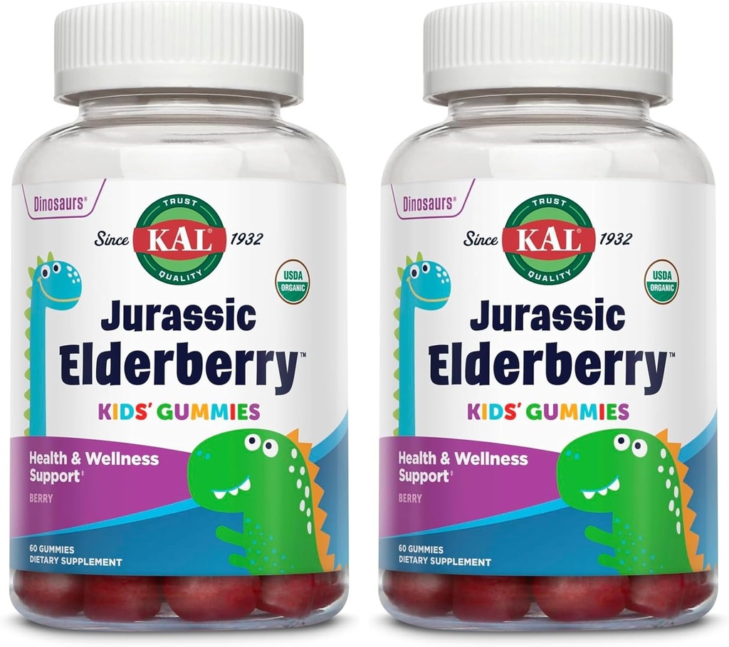 KAL Jurassic Elderberry Kids Gummies PHAR124; Zdravá imunitní podpora PHAR124; USDA Organic, Vegan, Gluten Free PHAR124; 30 Serv, 60 Ct (balení po 2)