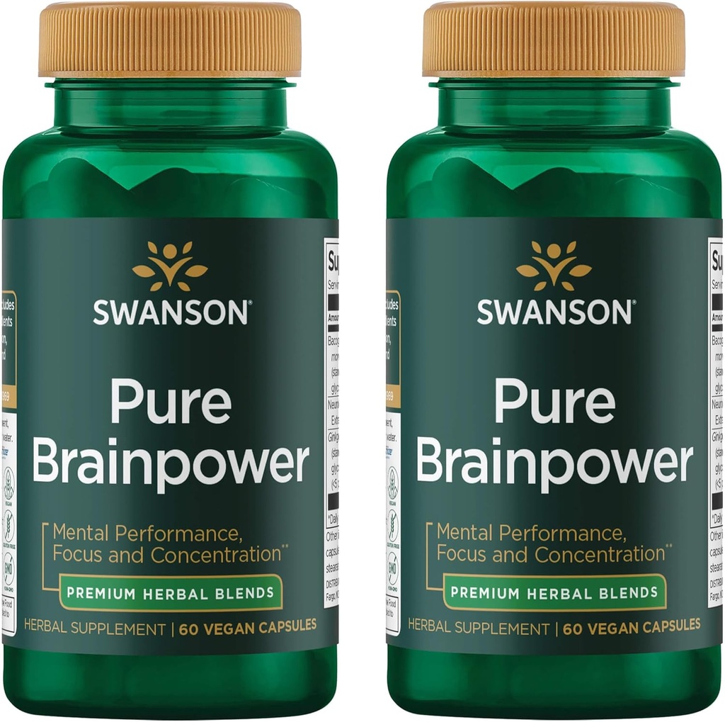 Swanson Pure Brainpower Brain Health Cognitive Memory Focus Support Brain- Derived Neurotrophic Factor (BDNF) Bylinný doplněk (Ginkgo Biloba, Bacopa Monnieri) 60 Veggie Kapsle (Veg Caps) (2 balení)