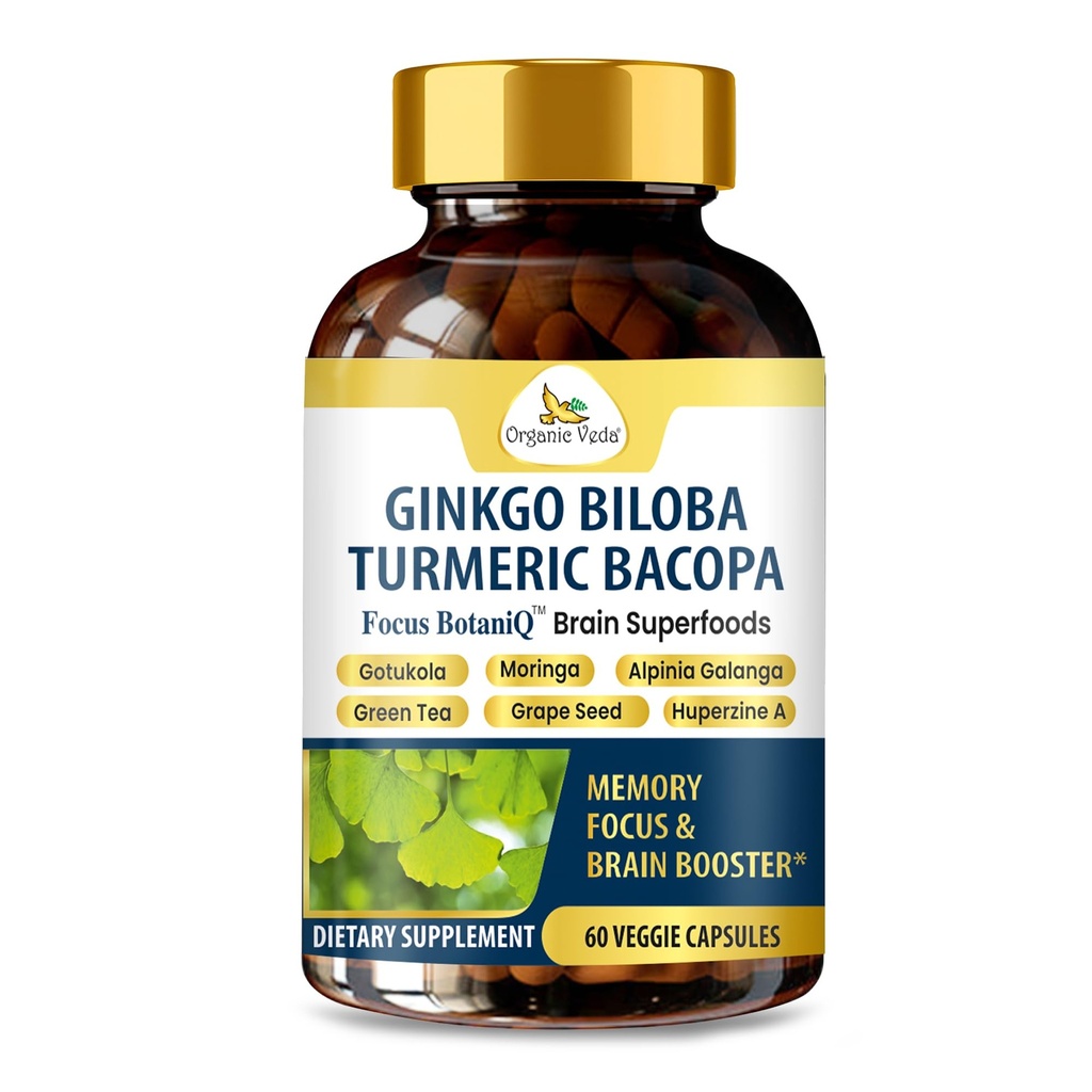 Organic Veda Ginkgo Biloba Turmeric Bacopa Brain Supplement for Memory, Mood & Focus with Ashwagandha - Koncentrace, Energie & Brain Booster, Zdravá pouta & Circulation Support - 60 Vegan Capsule
