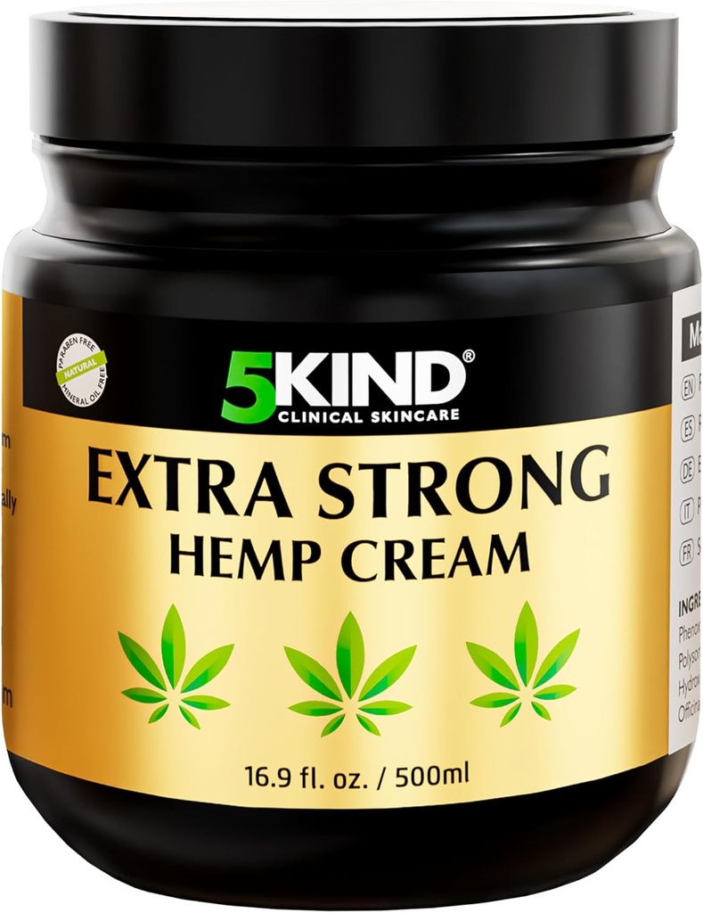 5kind Extra Silný Hemp Cream 16.9 fl oz- Maximální síla - Natural Soothing Relief - Muscle Rub for Lower Back, Joints, Neck, Knees & Shoulders - Maximální síla Hemp Cream