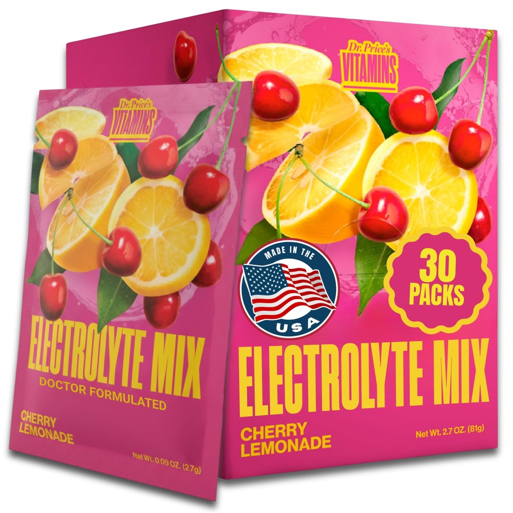 Dr. Price 's Electrolyte Mix CUR 124; Sugar- Free Hydration Powder with 72 + Trace Minerály CUR 124; No Sugar, Fast- Disolving Electrolytes Powder Packets CUR 124; Cherry Lemonade (30 Packs)