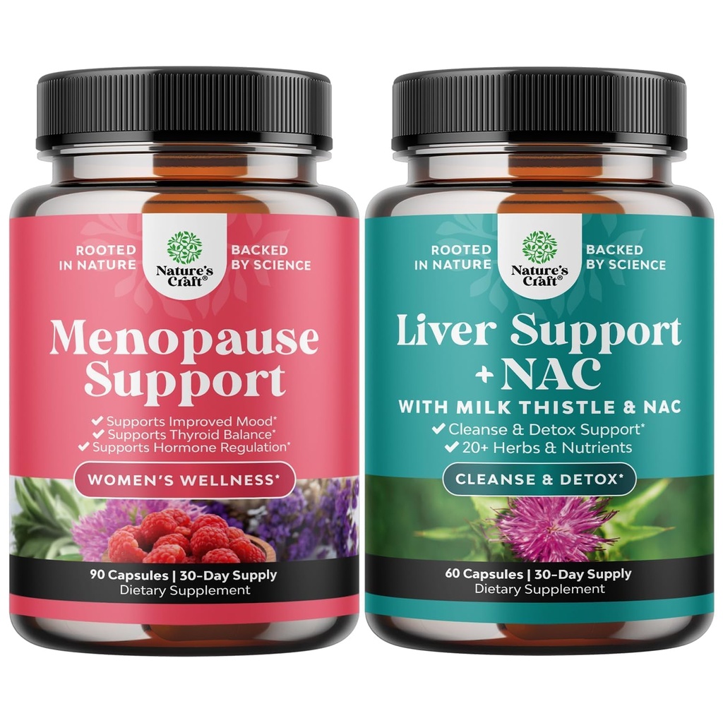Bundle of Menopauza Dodatek pro ženy s Dong Quai, Vitex Chaste Berry & Black Cohosh a podpora jater NAC dodatek s mléčným bodlákem, Artichod, Cholin & Beetroot pro detox & opravy