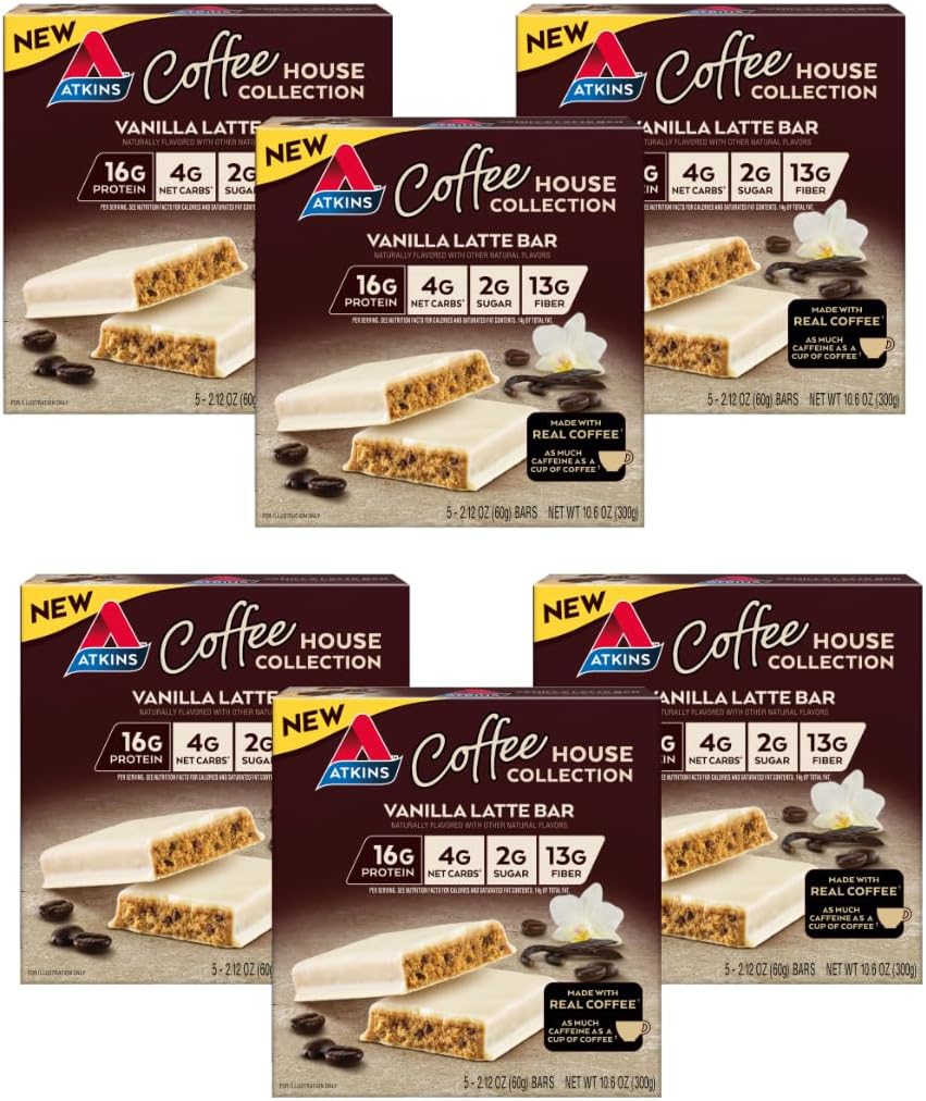 Atkins Coffee House Meal Bar, Vanilla Latte, 16g Protein, 4g Net Carbs, 2g Cukr, 13g Fiber, Made with Real Coffee, 5 Počet (Balení 6)