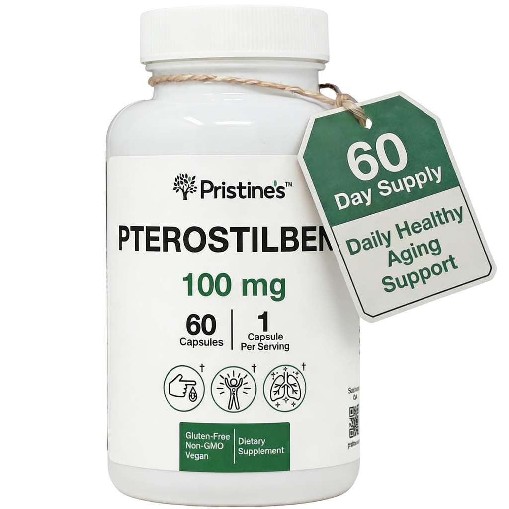 PRISTINE 's Pterostilbene 100mg Anti Aging dodatek Kapsle - 60 Day Supply - Lung Health & Mental Clarity Antioxidant - Vysoká biologická dostupnost Vegan Non GMO