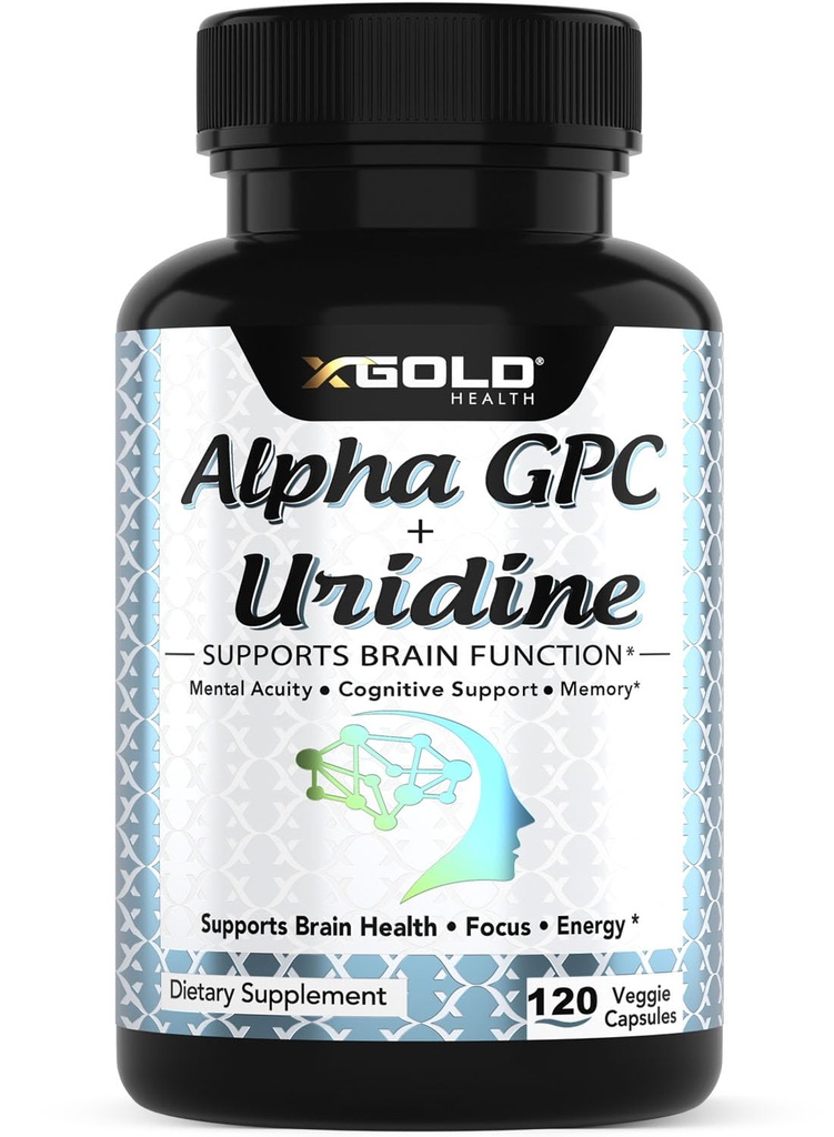 Alpha Gpc + Uridine 900mg - Výkonný nootropic pro zvýšení koncentrace, paměti, energie, nálady a kognitivní výkon - 120 Vegetariánských kapslí