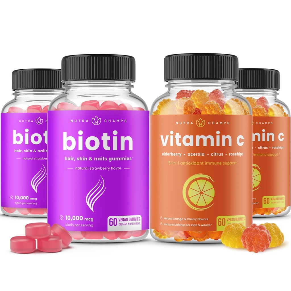 NutraChamps Biotin Gummies (2 balení) a Vitamin C Gummies (2 balení) 4 balení Bundle