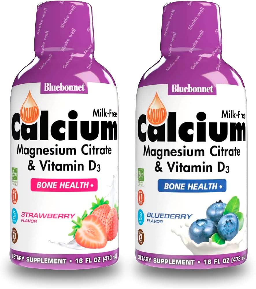 Bluebonnet Nutrition Liquid Calcium Citrát hořčíku Citrát, Vitamin D3- Bundle Blueberry Flavor a Jahodová Flavor, 2 Lahvička 16 Fl Oz Each (32 Fl Oz Celkem)