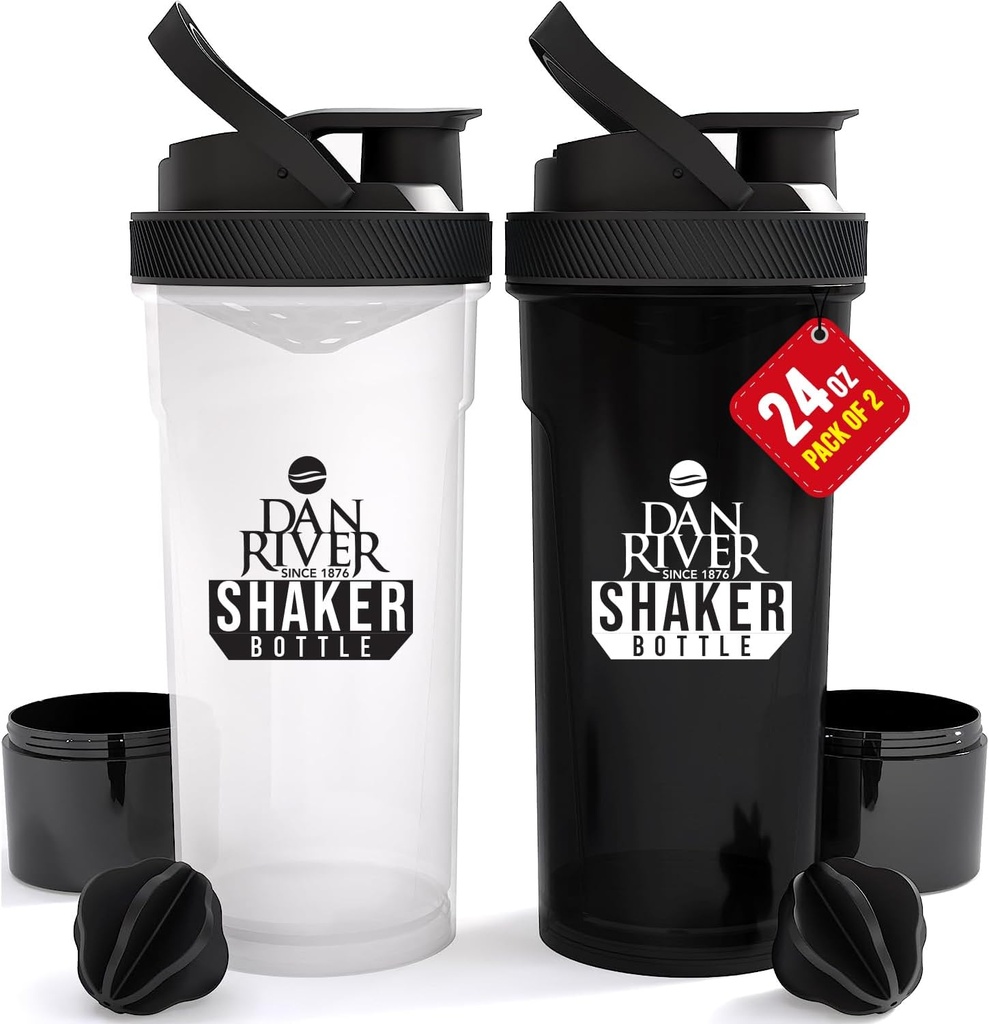 DAN RIVER 2-Balení Shaker Lahvička 124; 24oz Plastové Protein Shaker & Mixer 124; Twist & Lock Design pro Smoothies & Protein Mixes I124; Durable, Leak- Proof, Easy to Clean 124; Clear & Black Shaker Bottles for Gym