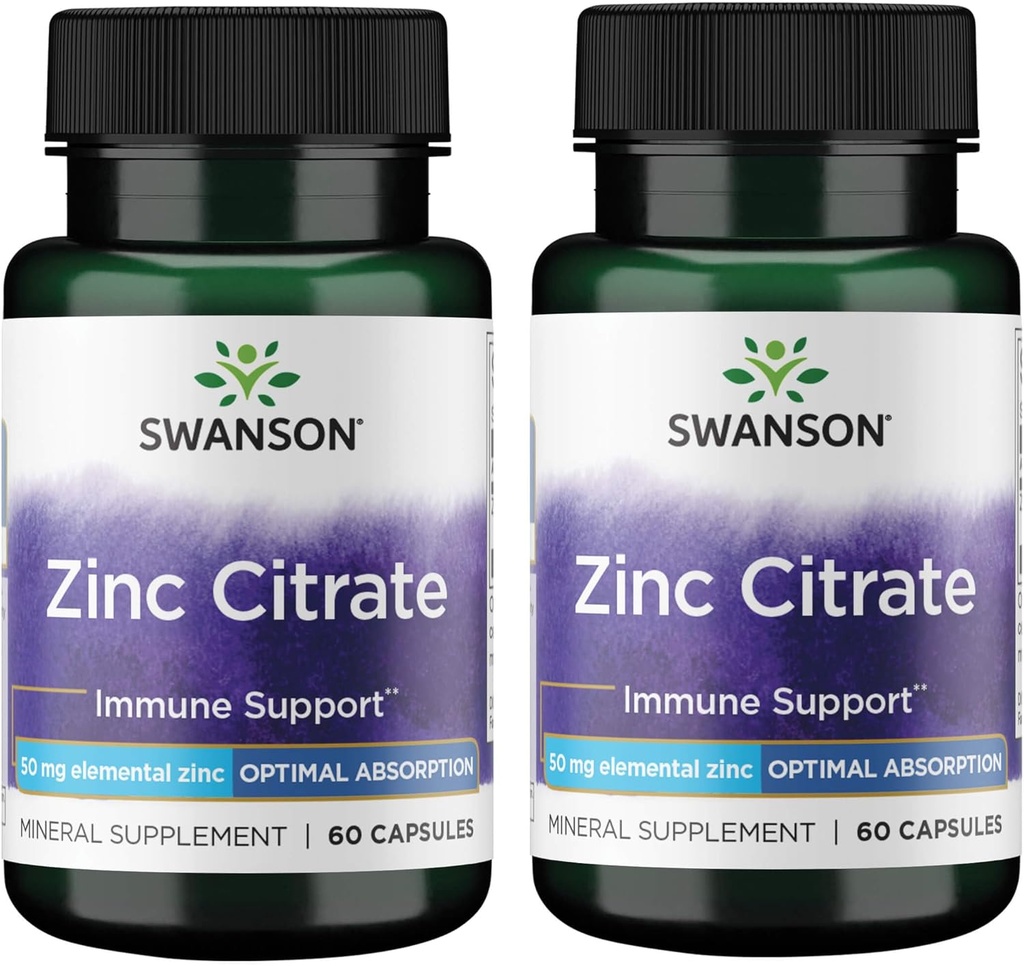 Swanson Zinek Citrát - Minerální dodatek na podporu zdraví zdravých vizí a imunitního systému - Natural Formule podporující celkové Wellness - (60 Kapsle, 50mg každý) (2 balení)