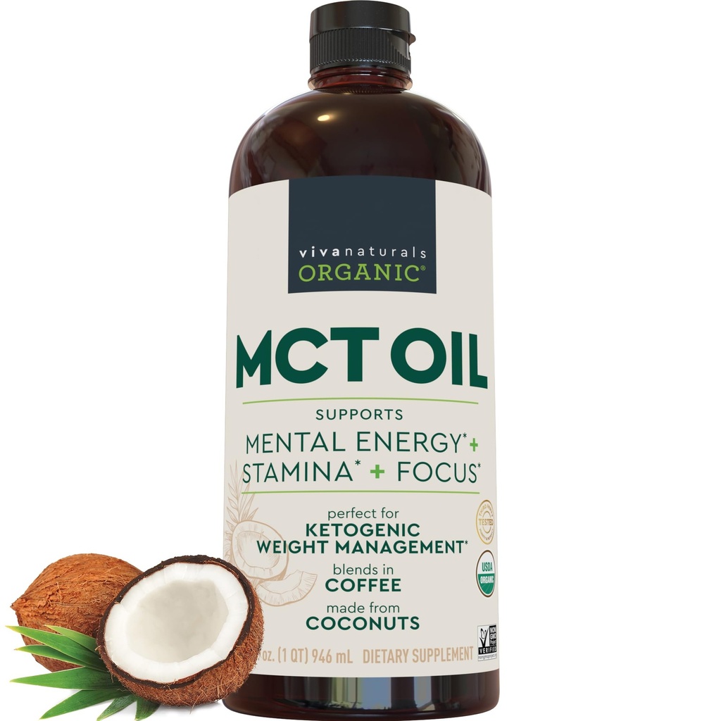 Viva Naturals Organic MCT Olej, 32 fl oz - MCT Oil for Coffee, USDA Organic, Non- GMO, Paleo Certified & Keto Friendly, Podporuje energii a duševní jasnost