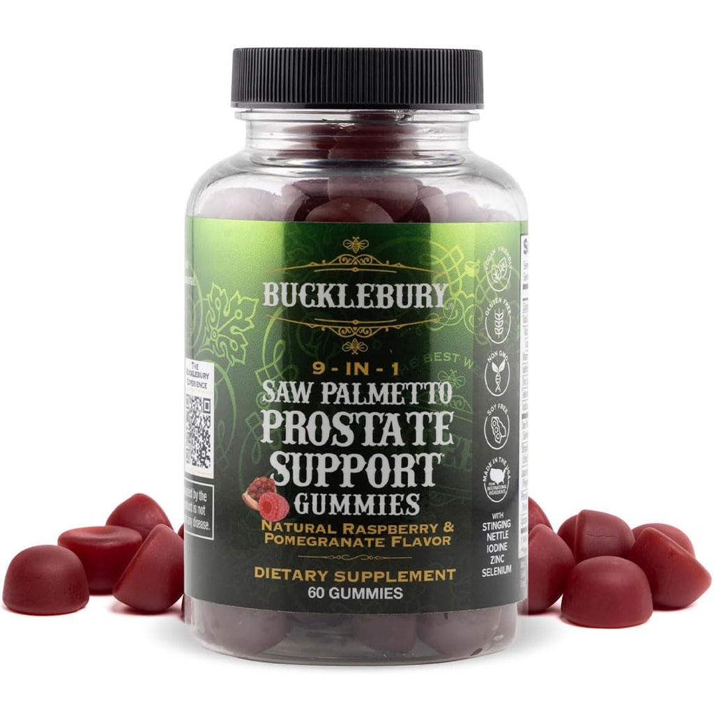 BuckLEBURY 9-in-1 Natural Saw Palmetto Gummies s Malina & Granátová Flavor - Plant- Based Prostate Supplementary Supplementary for Mens Blinder Health, Hair Growth & Močová podpora - 60 Gumy
