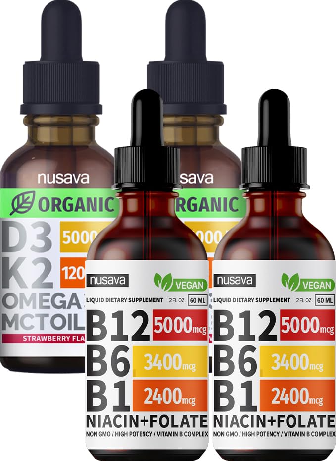 NUSAVA Vitamin B12 Kapky tekuté a jahodové ochucené D3 K2 Bundle - Potentní tekuté vitamíny pro srdce, kloub, energii, a imunitní podpora - Non- GMO, gluten- zdarma, 2pk Každý