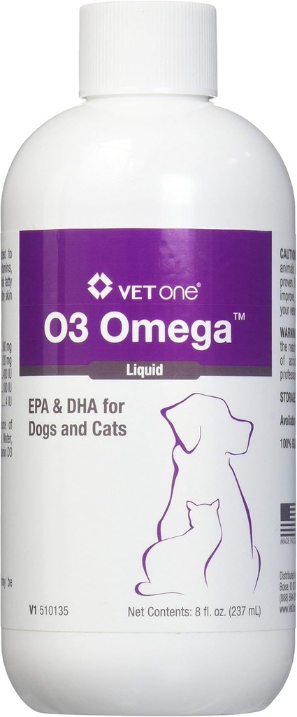 Vet One O3 Omega Liquid EPA & DHA pro psy a kočky - Kožní & Coat dodatek - Podporuje imunitní systém a společné zdraví - 8 oz