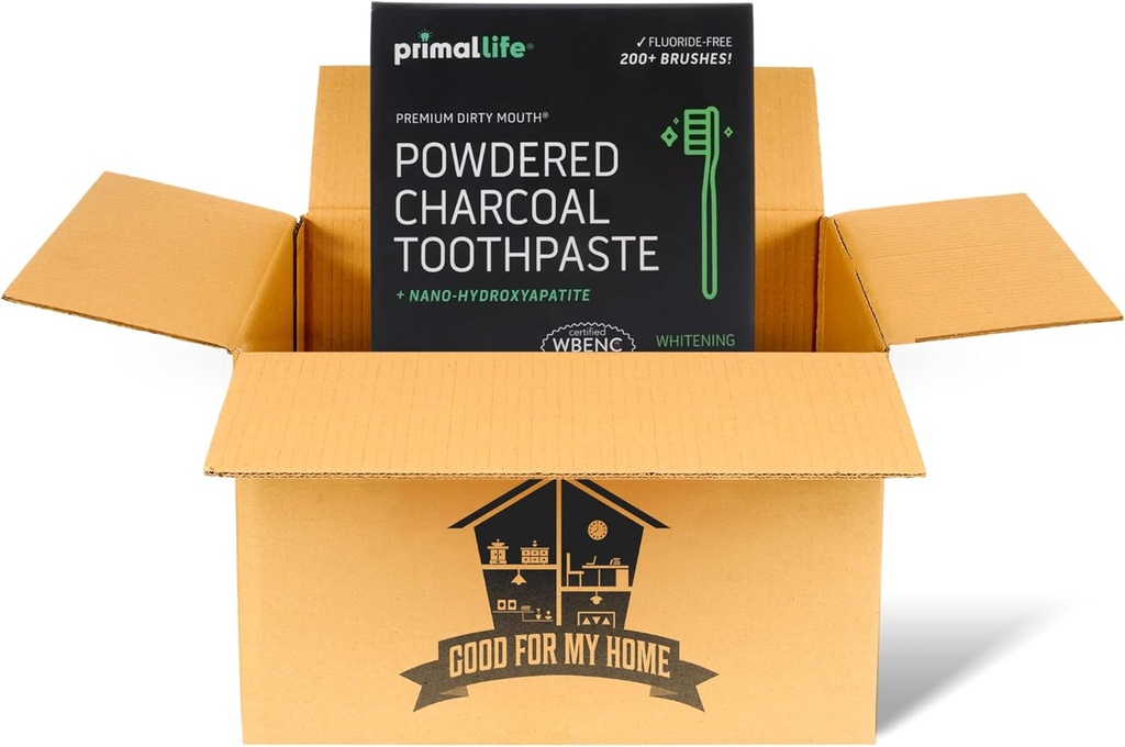 Aktivované Charcoal Primal Life Organics 1 oz Zubní prášek: Organic Vegan Blend, Kaolin & Bentonit Clay, Essential Oils - Black Spearmint for 200 + Brushings. GFMH Box v ceně.