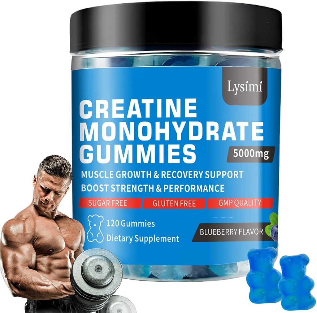 Kreatin- Monohydrát - 5g kreatin- zvýšení síly a budování svalů, bez cukru, Vegan, Blueberry Flavor, Každá láhev / 120 Kapsle, pro muže a ženy (1)