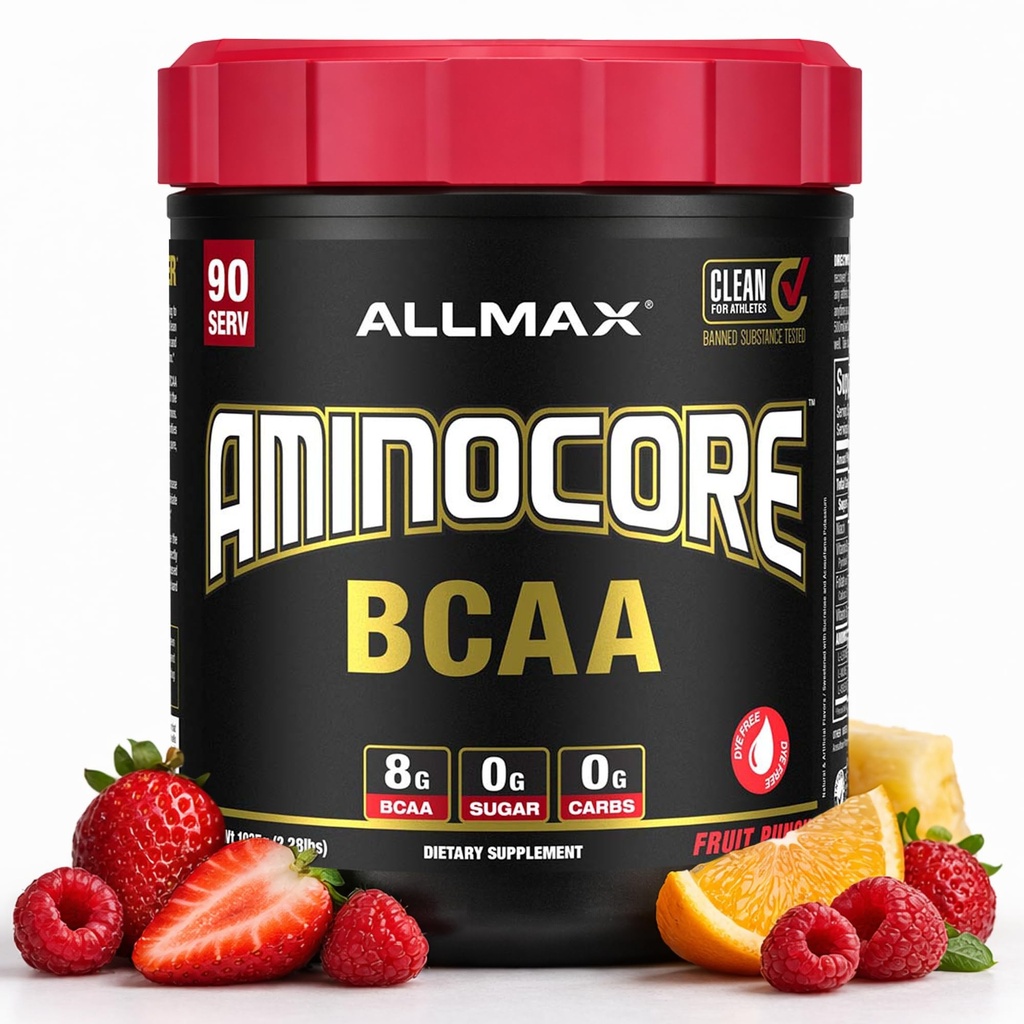 ALLMAX Nutrition AMINOCORE BCAA, Fruit Punch - 945 g Powder - 8.18 Grams of Branched Chain Acids Per Serving - with B Vitamins - No Fillers or Non- BCAA Aminos - Sugar Free - 90 Servings