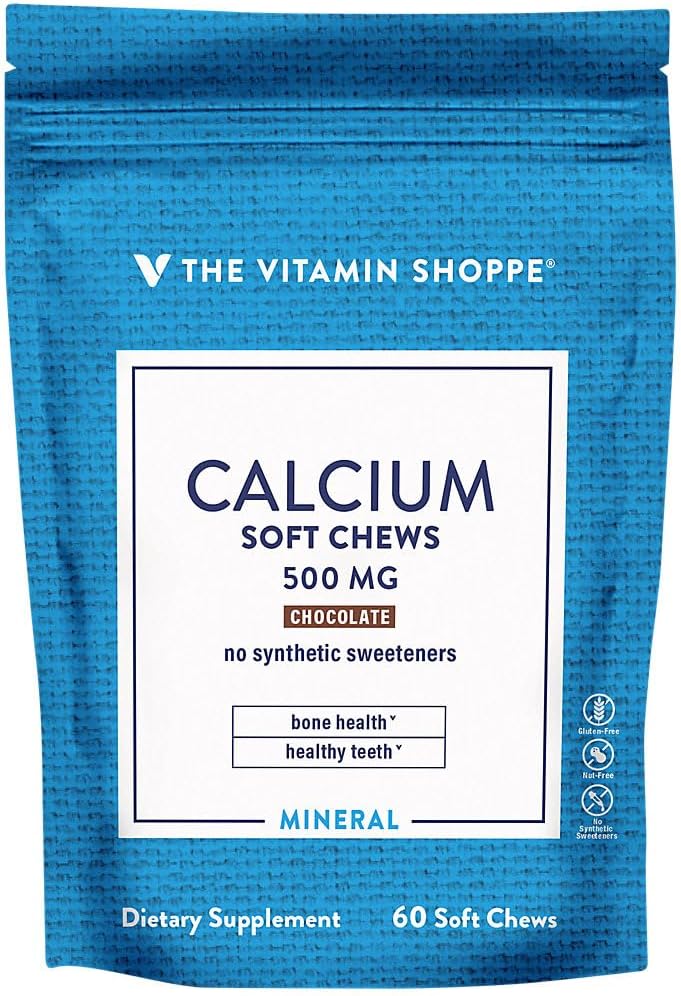 Vápník Žvýkačky 1.000mg, Čokoládové ochucené Žvýkačky - Minerální esence pro zdravé kosti a zuby, Žádné umělé sladkosti - s vitamínem K1 a D3 (60 Žvýkaček) od Vitamin Shoppe