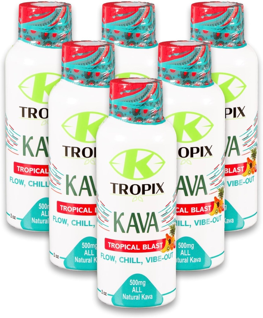 K- Tropix Kava Shot Tropical Blast - 500mg Wellness Shots to Promote Relaxation and Reduct Worry - Kava Drink - Strach, Napětí, Stream Relief Dodatek - 6 Pack