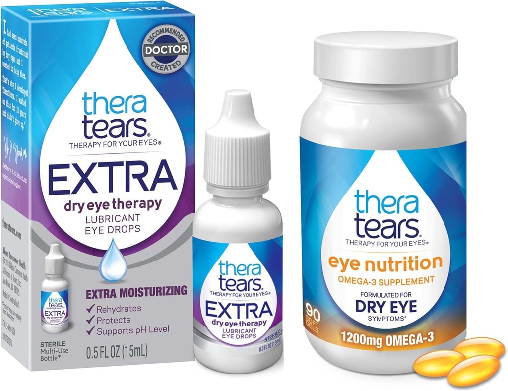 TheraTears 1200mg Omega 3 dodatek pro oční výživu, Organic Flaxseed Triglyceride Fish Oil & VIT E, 90 Count Eye Drops, Extra Dry Eye Therapy, 15 ml, 0.5 Fl oz