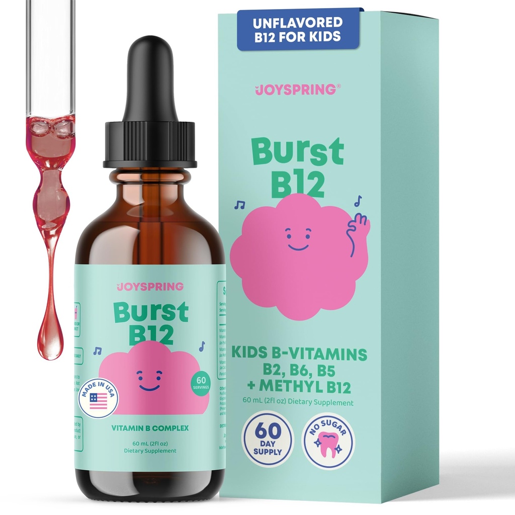 JoySpring Burst B12 Kapky - vitamin B Komplex pro děti (2 fl oz) B2, B6, B5 + Methylkobalamin B12 Dětský dodatek pro podporu zdravého růstu a vývoje, Vegan B12, věk 2-16 + amp 124; 60 Služení