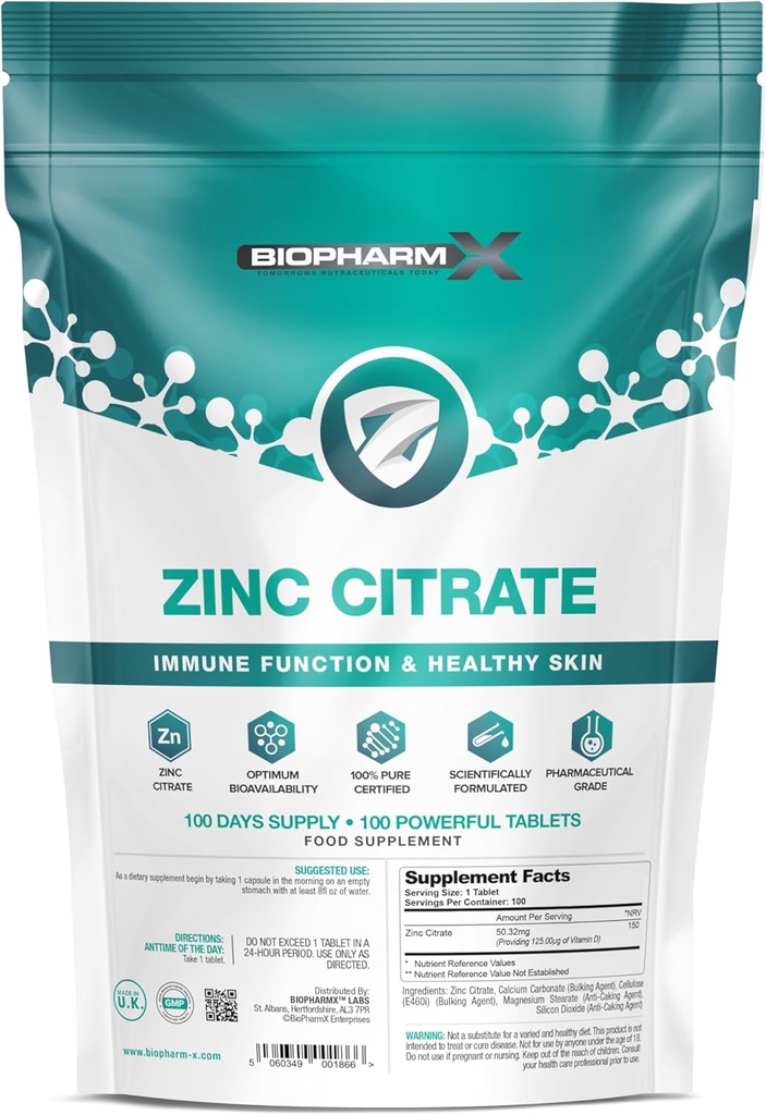 Citrát zinečnatý (100% čisté certifikované / maximální síla 50mg tablety x 100 (1 per day)