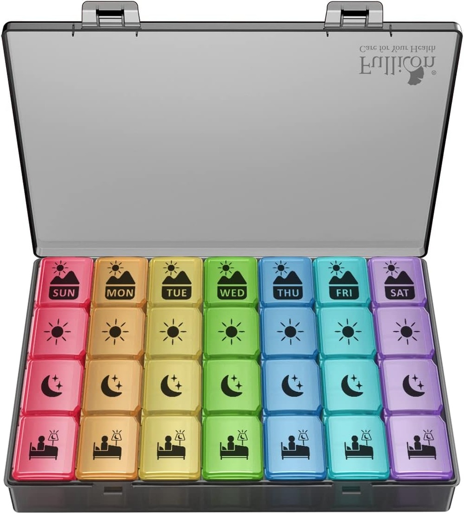 Extra Large Weekly Pill Organizer 4 krát denně, Fullicon XXL Large Pill Box, 7 Day Medicine Organizátor, Black Pill pouzdro pro vitamín / rybí olej / doplňky