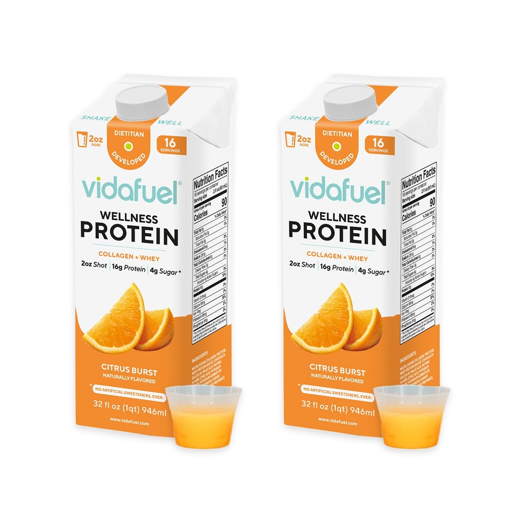 Vidafuel Protein Drink, 16g Protein per 2oz Shot, 32 fl oz Carton, 2 Pack, Citrus, kolagen a syrovátka Drink, Žádné umělé sladkosti