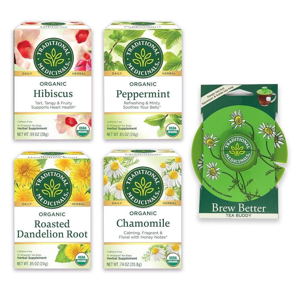Tradiční léky, Organic Variety Pack pro wellness ve čtyřech mýdlových příchutí, zahrnuje mátu peprnou, heřmánek, ibišek, pečený kořen, čaj Buddy, 64 čajové tašky, (4 balení)
