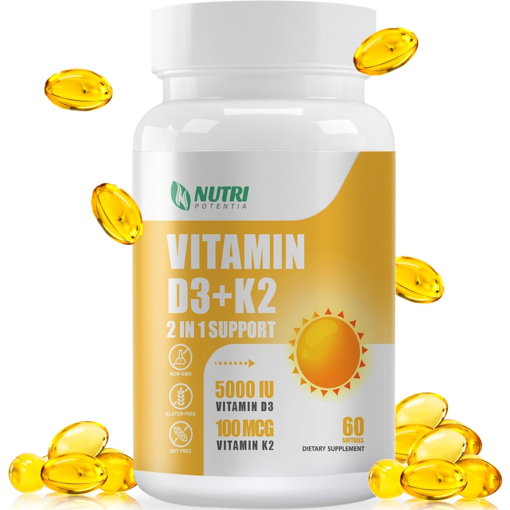 Vitamin D3 K2 s MCT olejem, Vitamin D3 5000 IU a K2 100mcg, Formule 2 v 1 pro zdraví kostí a srdce, Gluten Free - 60 Počítání Softgels
