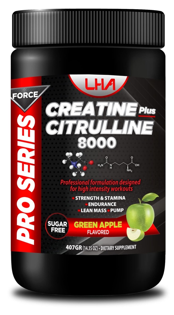 Pro Series Force Creatine + Citruline 8000. Streght & Stamina, Vytrvalost, Lean Mass, Čerpadlo. Apple Flavor 400g