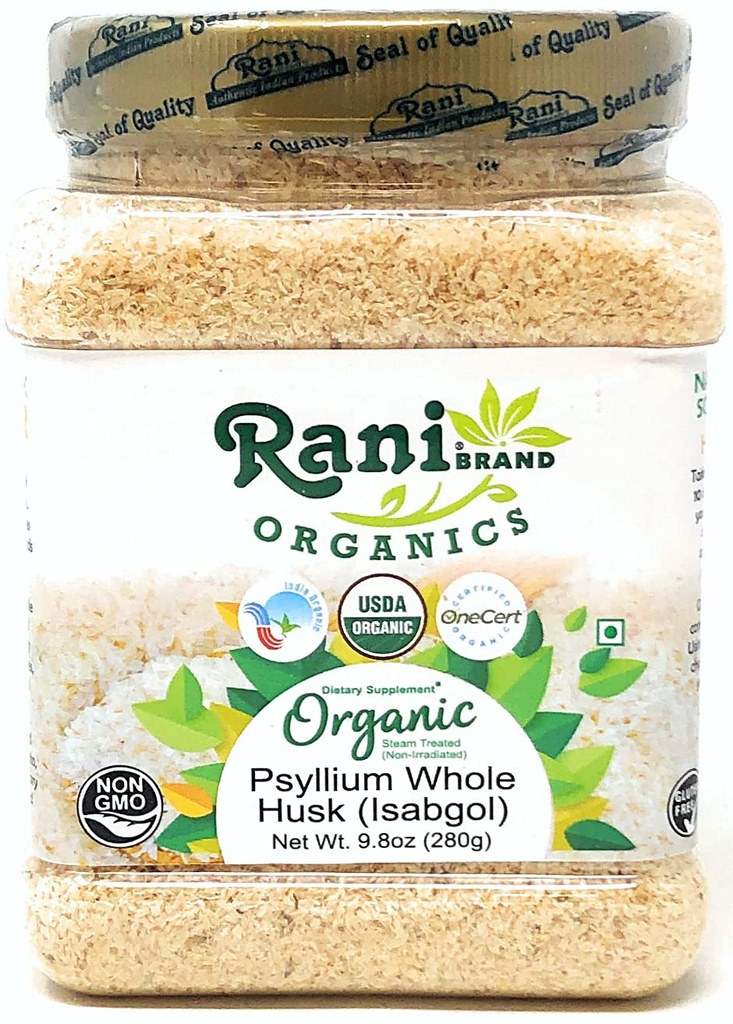 Rani Organics Psyllium Whole Husk Powder (Ilgol), Dietní Fiber Supplement, USDA Organic 9.8oz (280g) PET Jar ~ All Natural Factory 124; Vegan Found 124; Gluten Friendly Factory 124; Non- GMO Foundation 124; Indický původ