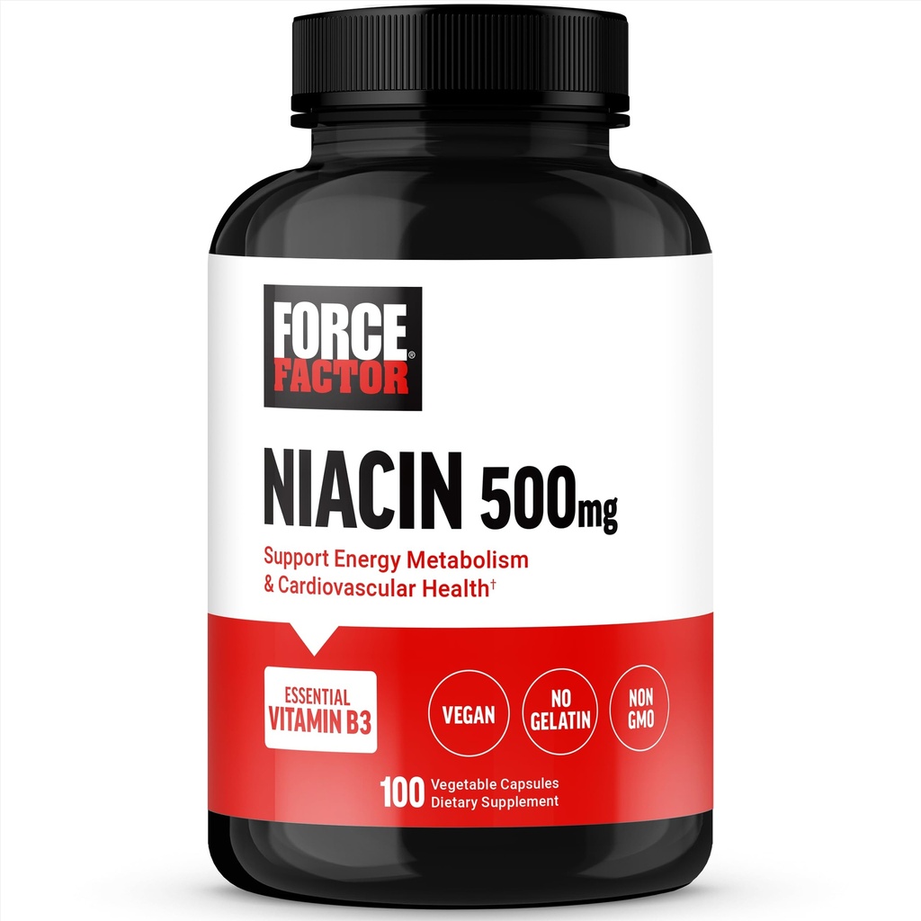 FORCE FACTOR Niacin Vitamin B3 na podporu buněčné energie a kardiovaskulární zdraví, Niacin 500mg Heart- Health dodatek, Vegan, No Gelatin, Non- GMO, 100 Zeleninové kapsle