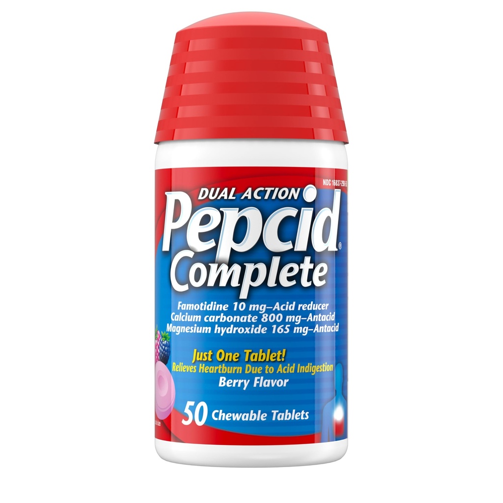 Pepcid Complete Acid Reducer + Antacid Chewable Tablets, Heartburn Relief, Berry, 50 ct (Balení května Vary)