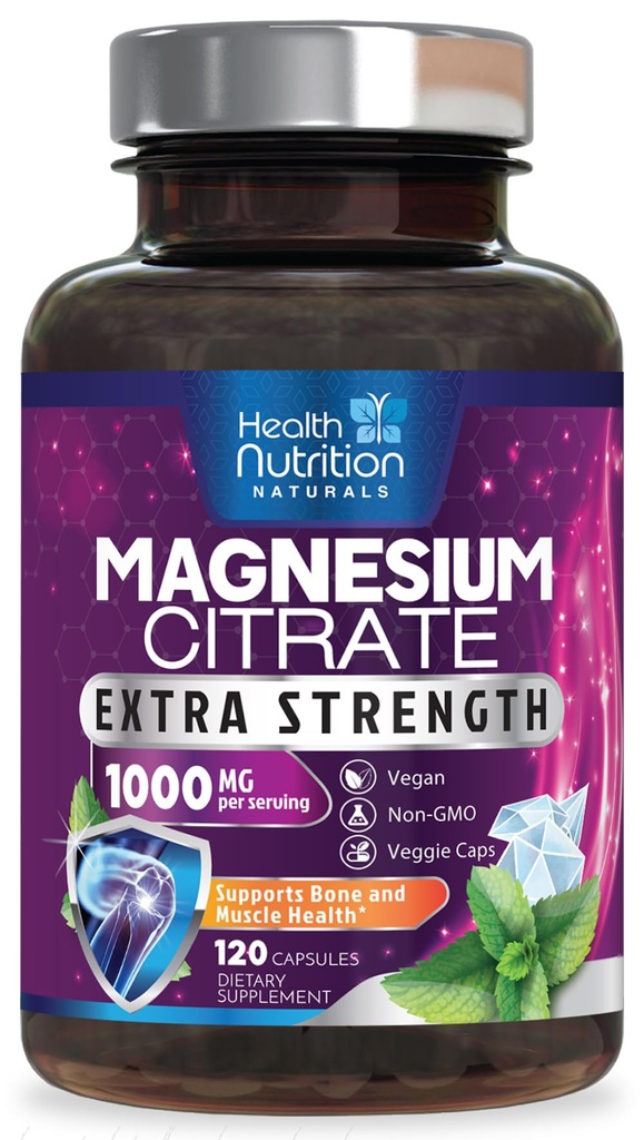 Magnesium Citrát Kapsle 1000mg - Max Absorpce Magnesium Prášek pro svalovou, nervovou, kostní a srdeční podporu, High Absorpční Citrát Complex, Gluten Free, Non- GMO - 120 Kapsle
