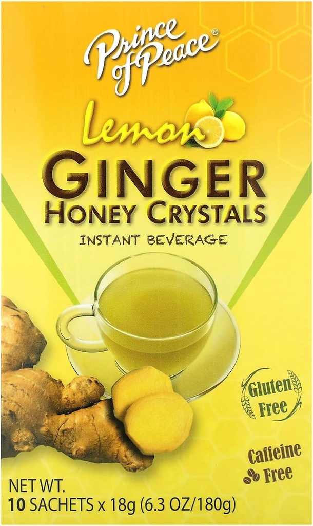 Prince of Peace Instant Natural Lemon Ginger Honey Crystals, 10 Sachets - Okamžité teplé nebo studené nápoje pro Nausia Relief a uklidňuje hrdlo - Snadno vařit zázvor a med krystalů