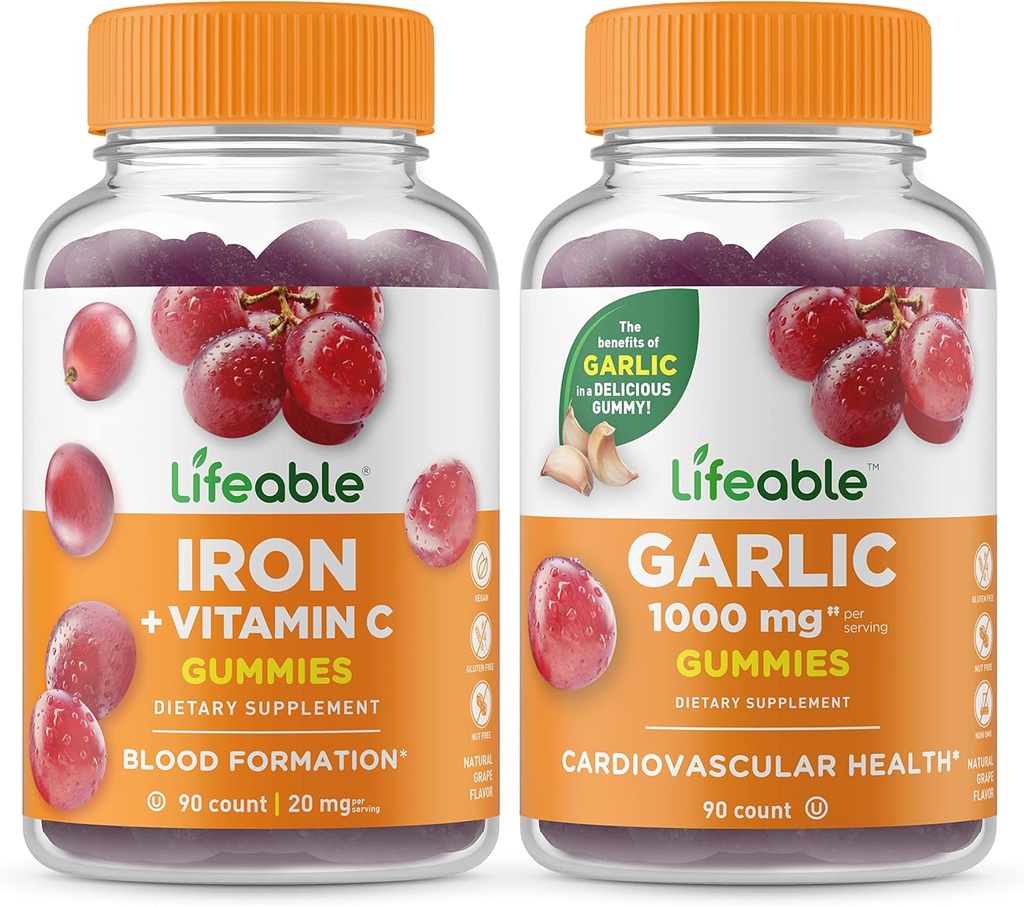 Živé železo s vitaminem C + Česnek 1000mg, Gummies Bundle - Velký Ochutnávání, Vitamin dodatek, Lepek zdarma, GMO zdarma, Žvýkací žlab