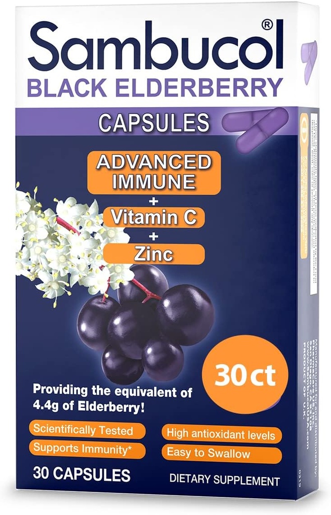 Sambucol Black Elderberry Kapsle - Pokročilý imunitní, vitamín C a zinek, Elderberry Kapsle, Doplněk pro imunitní podporu, Černé Elderberry doplňky, Lepek zdarma, Snadno spolknout Kapsle - 30 Počet