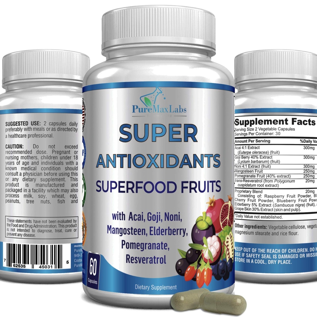 Super Antioxidant Fruit Superfood Complex - Výkonné antioxidanty Supergruits, Acai, Goji, Noni, Mangosteen, Granátová jablka, Elderberry, Resveratrol, Imunitní podpora, Péče o pleť - 60 Kapsle