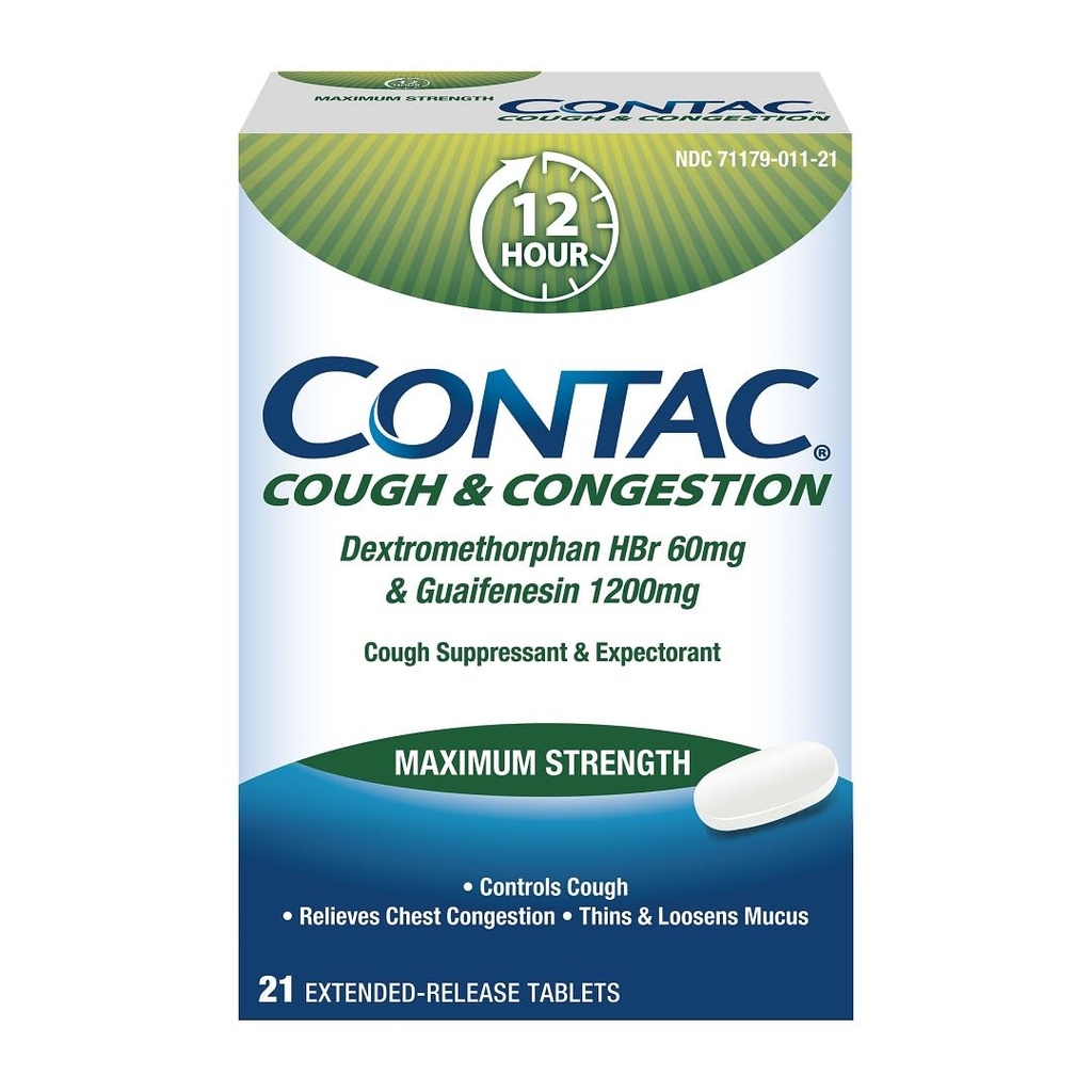 Contac Cough & Congestion Maximální síla reguluje kašel, tenké a loosens Mucus, Guaifeesin & Dextromethorphan HBr, rozšířené uvolnění tablety, 21 Počet