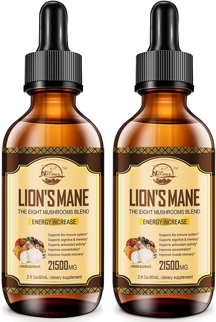 Příroda je živý Lions hříva dodatek, tekuté houby Extract kapky, 8 Houby Complex pro imunitní systém, paměť, Focus Boost, Houba dodatek s Lví hříva, Cordyceps, Reishi, Vegan, 2 Pack